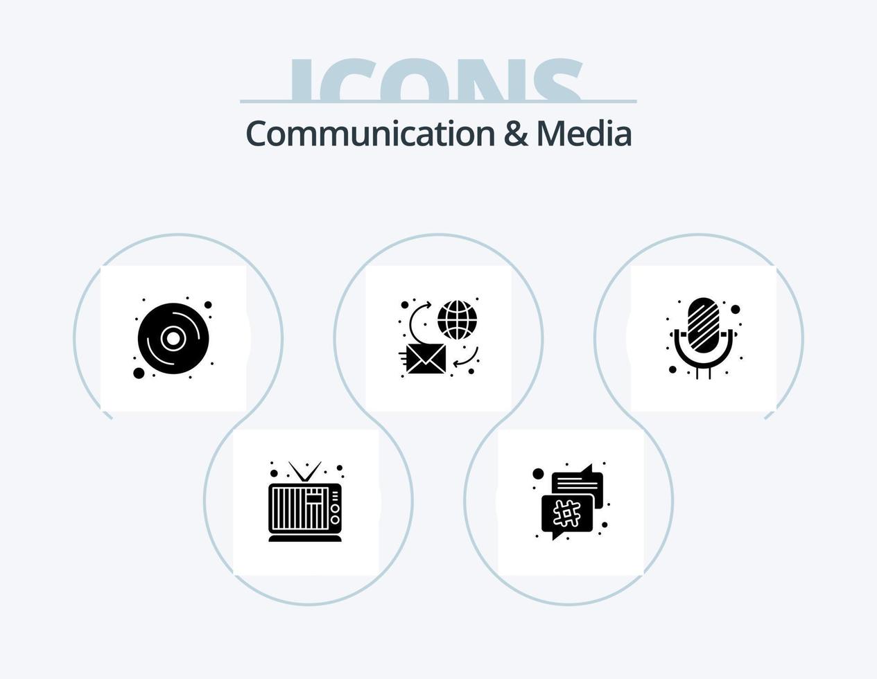 design de ícone do pacote de ícones de glifo de comunicação e mídia 5. microfone. mundo. disco. mensagem. bate-papo vetor