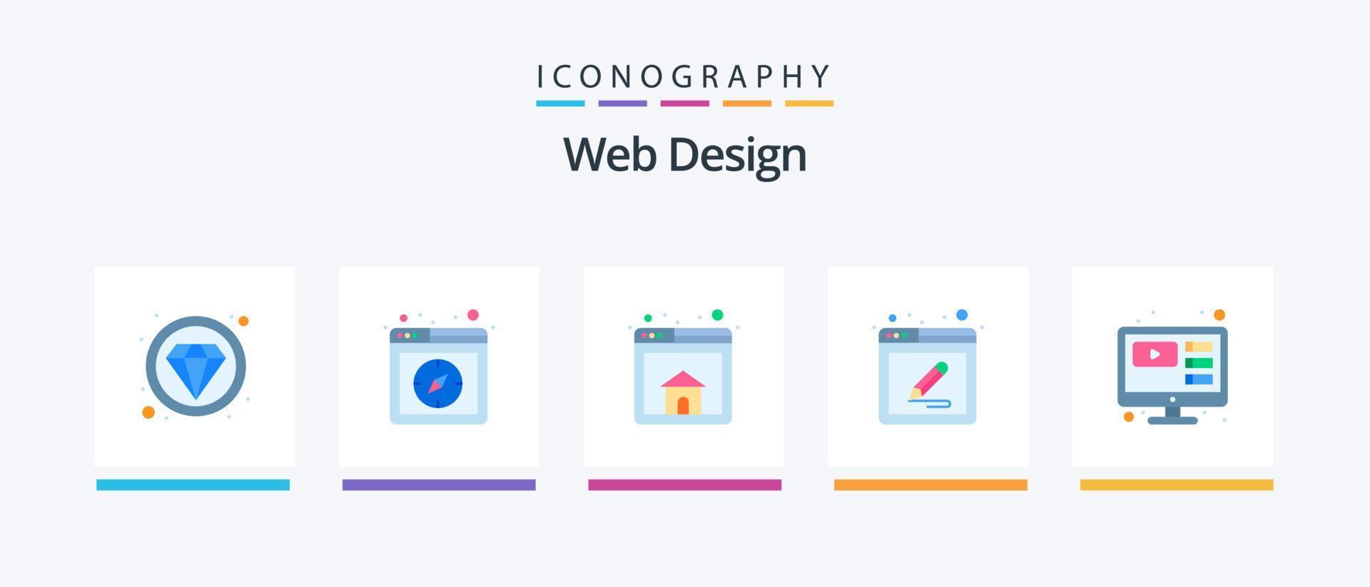 web design flat 5 icon pack incluindo vídeo. on-line. navegador. Escreva. editar. design de ícones criativos vetor