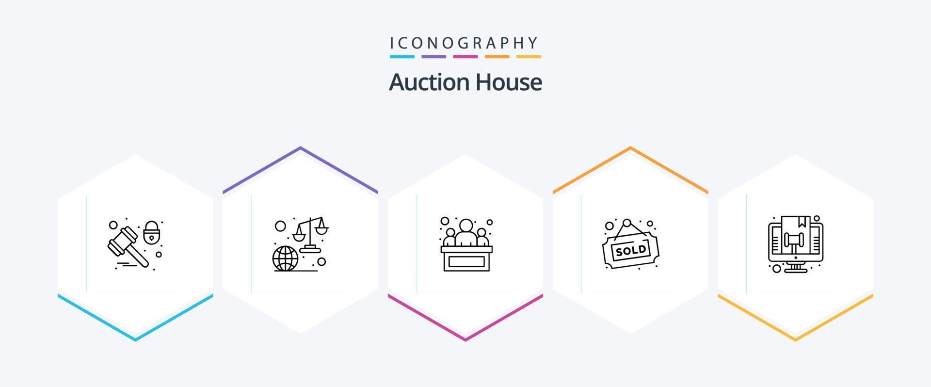 pacote de ícones de 25 linhas de leilão, incluindo online. vendido. lei. fazer compras. justiça vetor