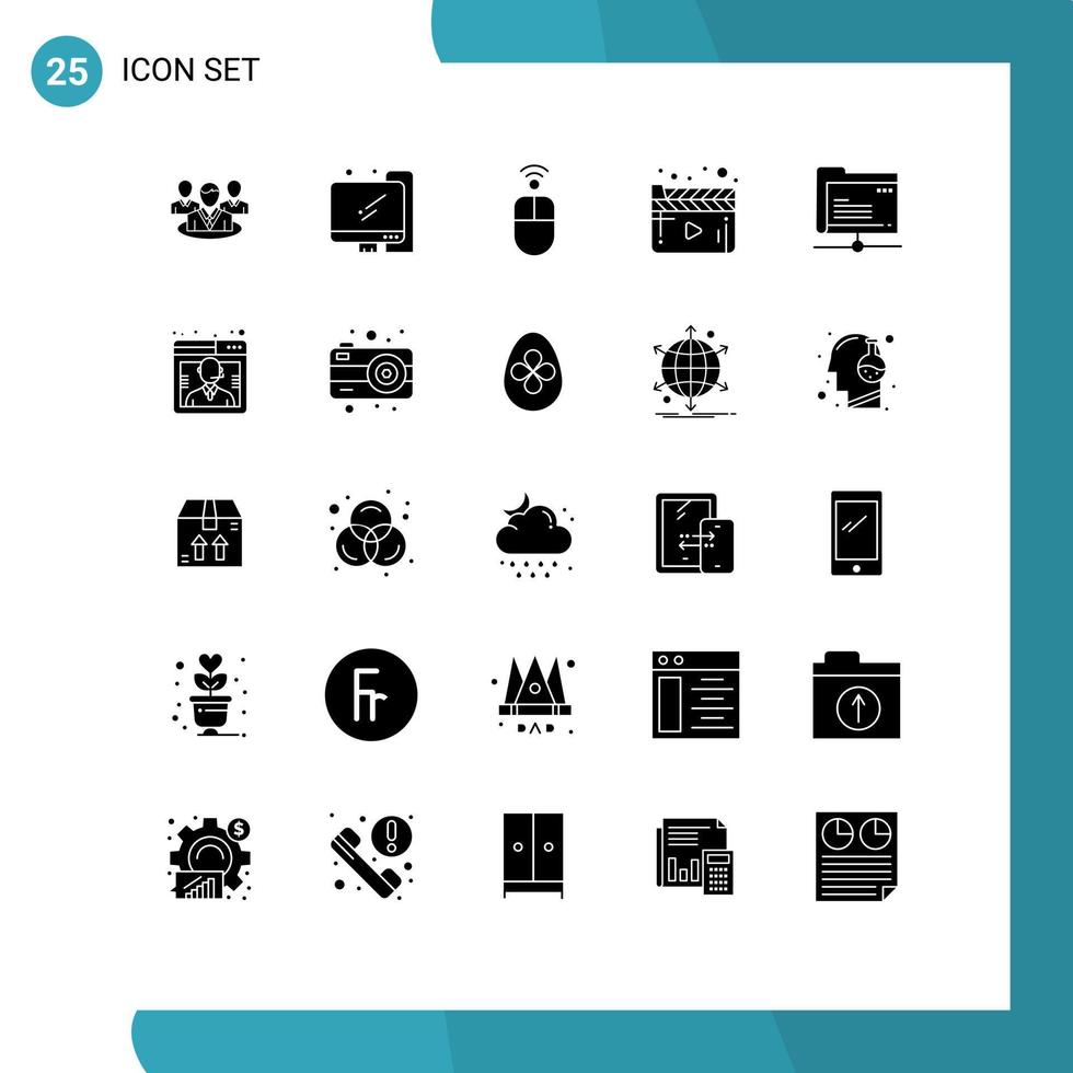 conjunto de pictogramas de 25 glifos sólidos simples de elementos de design de vetor editável de filme de vídeo de hardware de servidor