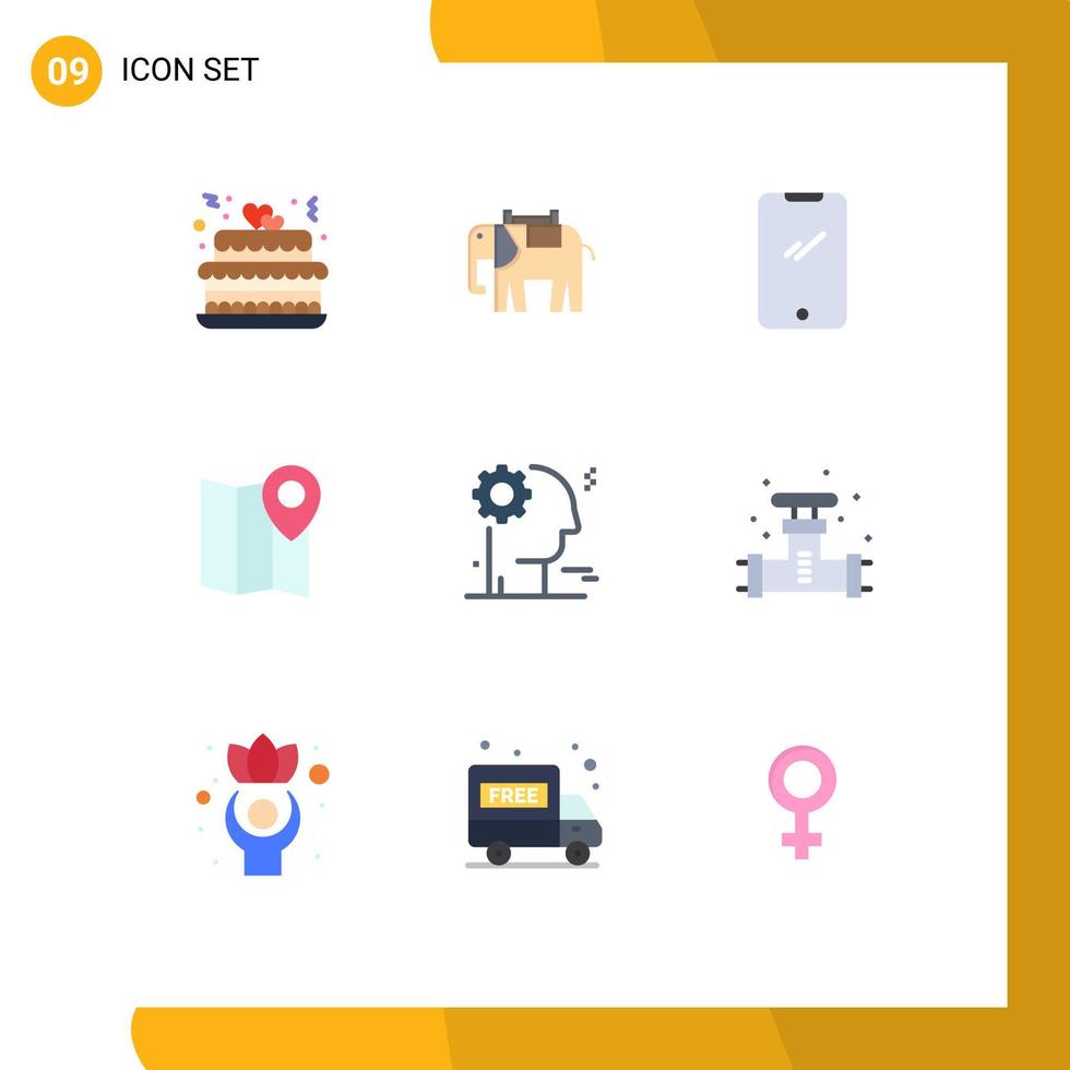 conjunto de pictogramas de 9 cores planas simples de mapa de telefone de marcador de cérebro iphone elementos de design de vetores editáveis