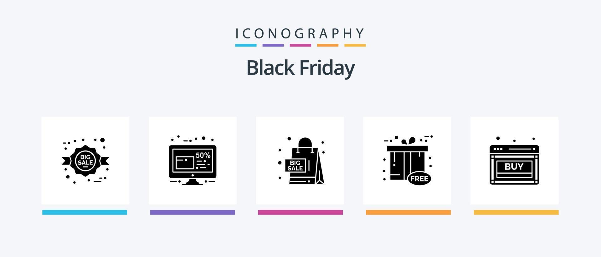 Black Friday Glyph 5 Icon Pack, incluindo comprar. gratuitamente. Sexta-feira. ciber. Shopping. design de ícones criativos vetor