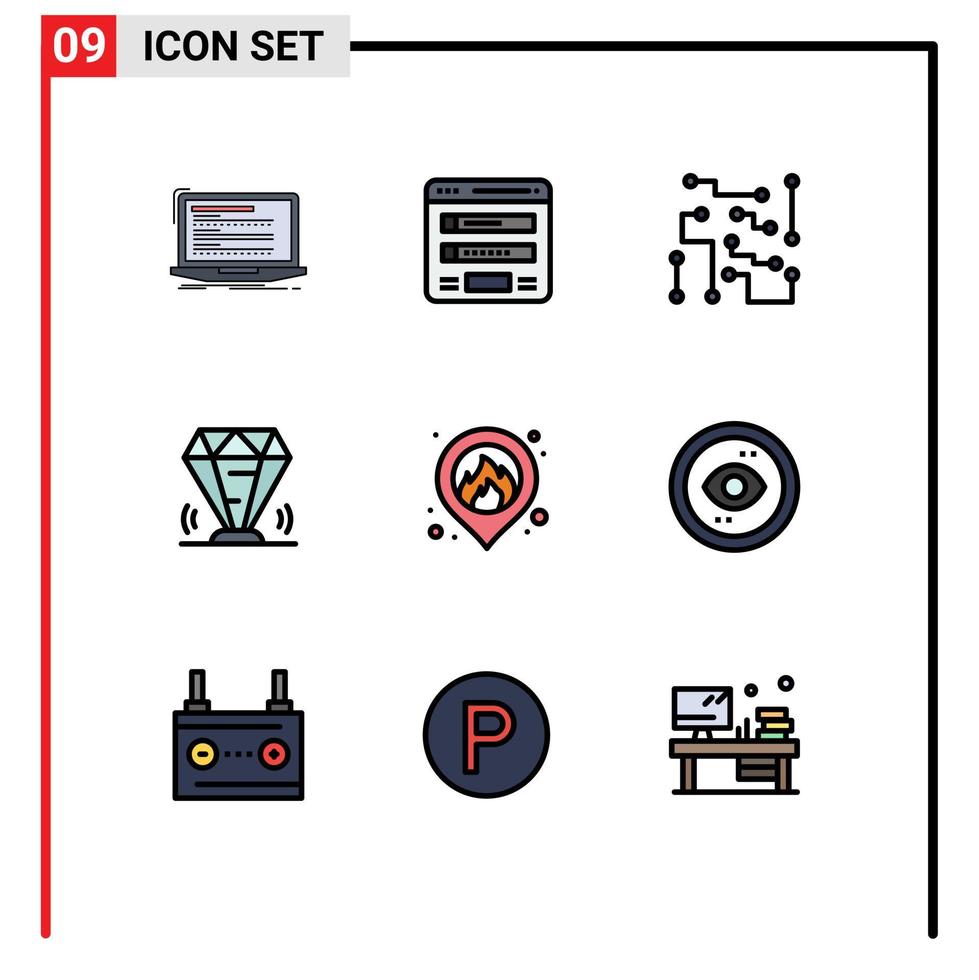 conjunto de cores planas de linha preenchida de interface móvel de 9 pictogramas de gema diamante mapa do site ciência eletrônica editável elementos de design vetorial vetor