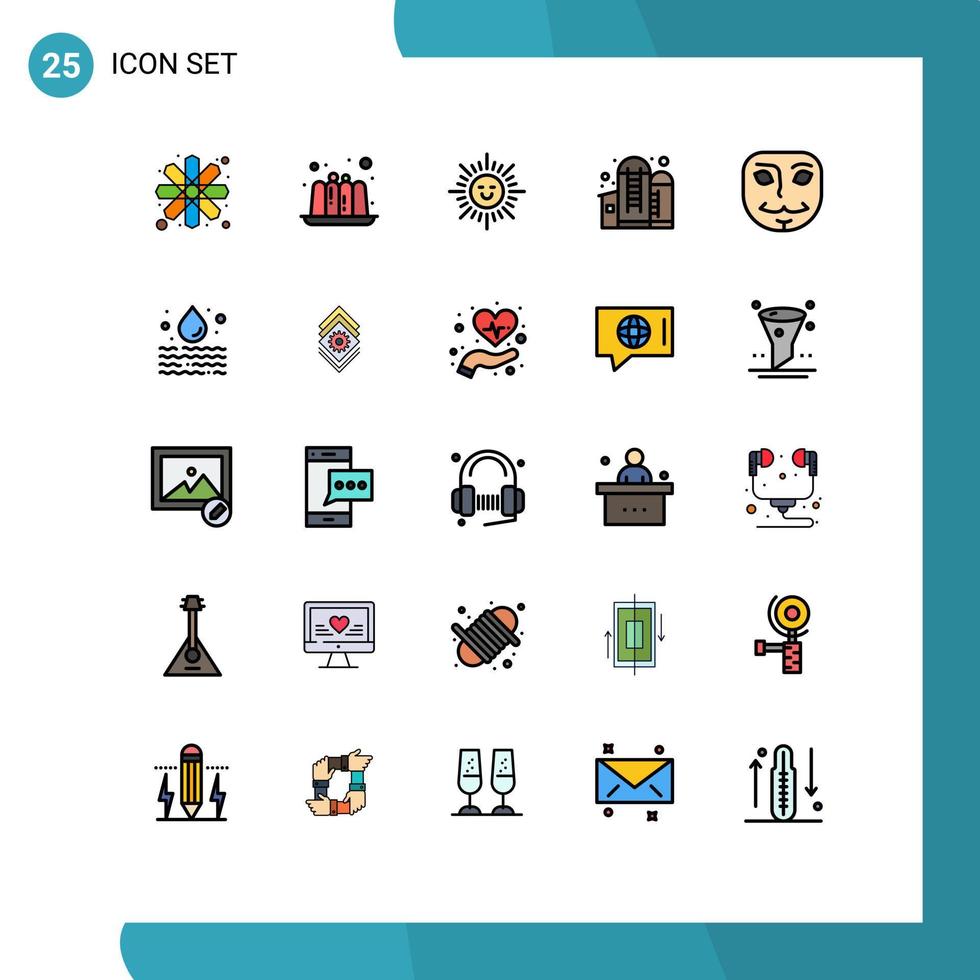 pacote de 25 sinais e símbolos modernos de cores planas de linha preenchida para mídia impressa na web, como elementos de design vetorial editáveis de grãos anônimos brilhantes de rosto de água vetor