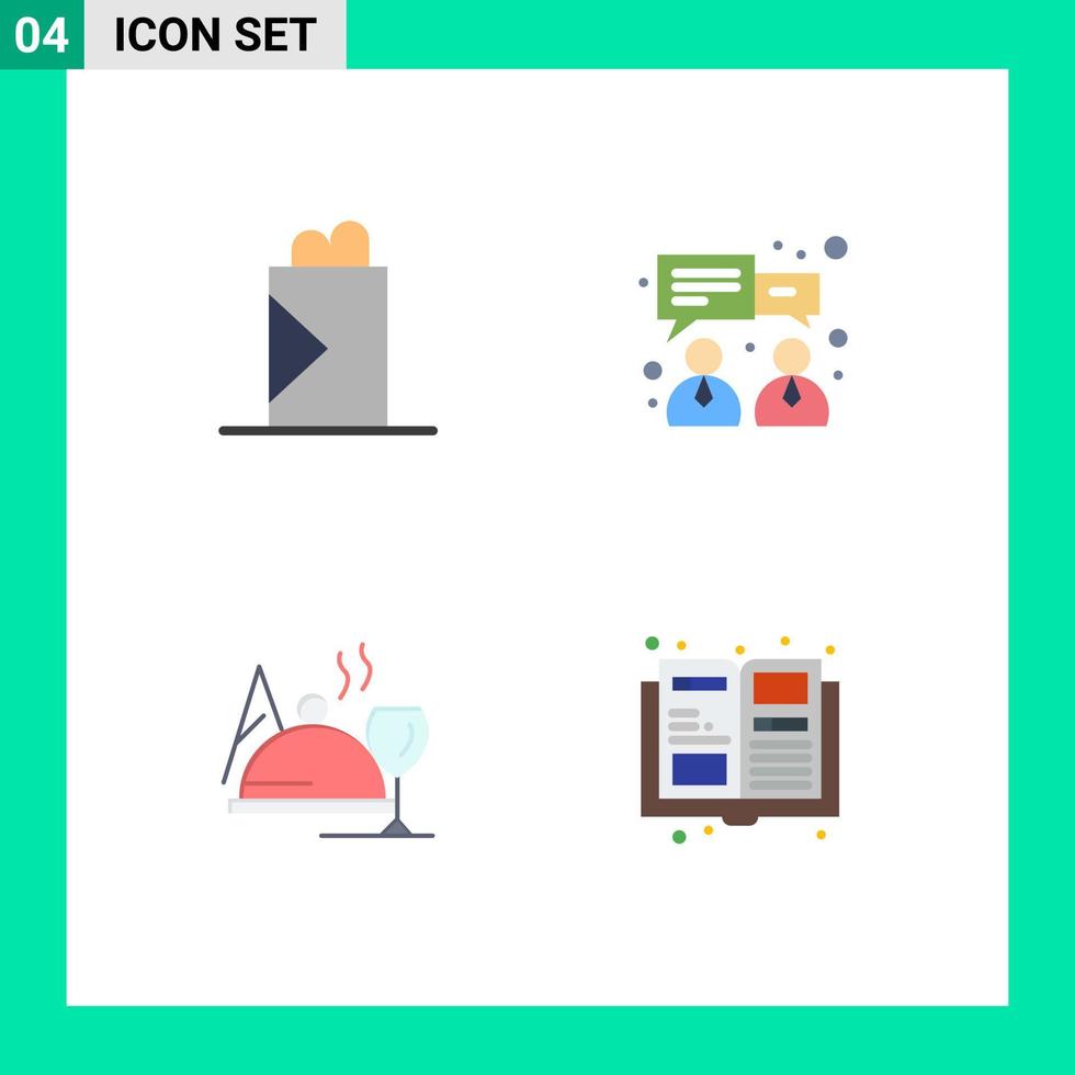 conjunto de pictogramas de 4 ícones planos simples de itens de hotel de negócios de vidro de fast food elementos de design de vetores editáveis