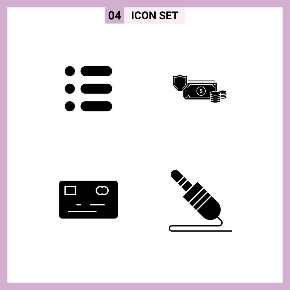 pacote de ícones de vetores de ações de 4 sinais e símbolos de linha para dinheiro de lista escrever moedas cartão de crédito elementos de design de vetores editáveis