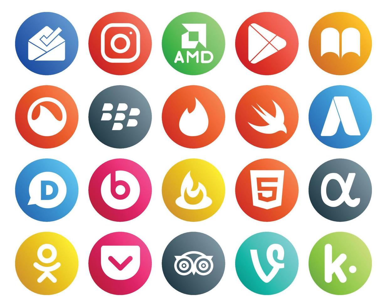 Pacote de 20 ícones de mídia social, incluindo aplicativo de bolso net tinder html beats pill vetor