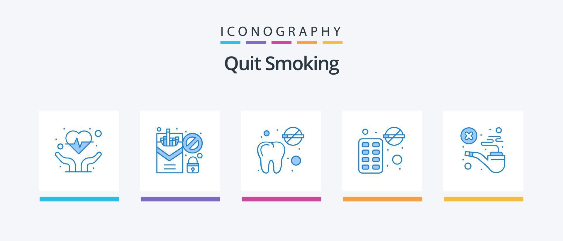 pare de fumar pacote de ícones azul 5, incluindo cachimbo. cigarro. dentista. quadra. doce. design de ícones criativos vetor