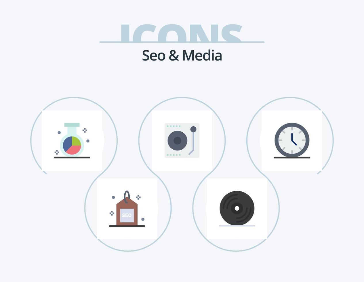 seo e media flat icon pack 5 design de ícone. meios de comunicação. música. motor. meios de comunicação. pesquisa vetor