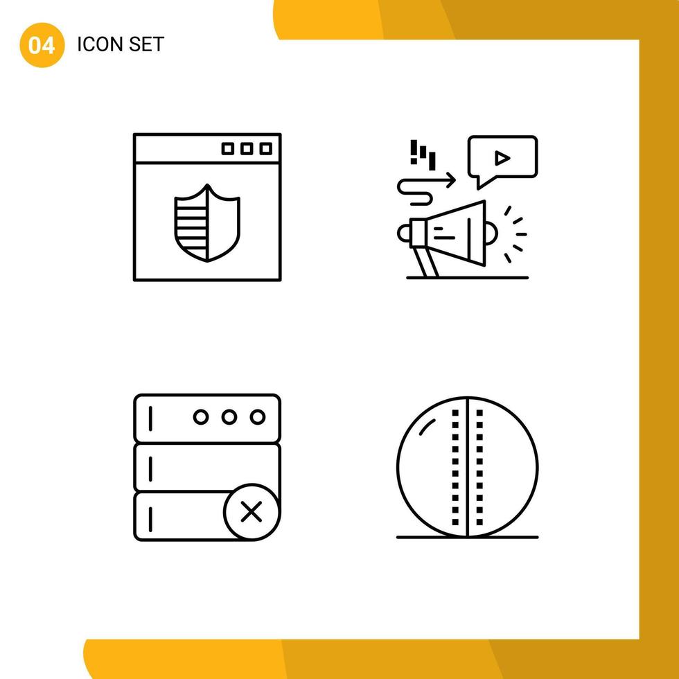 conjunto moderno de 4 cores e símbolos planos de linha preenchida, como navegador, excluir elementos de design de vetores editáveis de bola de críquete de marketing de página da web