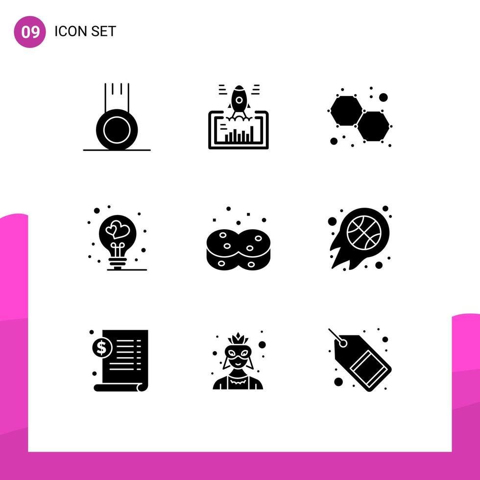 conjunto de glifos sólidos de interface móvel de 9 pictogramas de elementos de design de vetores editáveis de bulbo de amor higiênico da web dos namorados