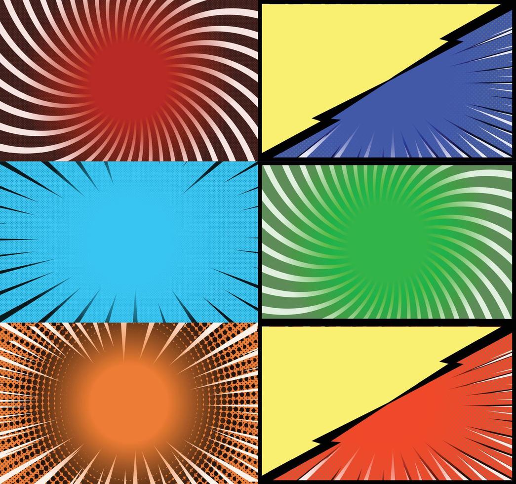 fundo de quadros coloridos de quadrinhos com raios de meio-tom radial e efeitos pontilhados estilo pop art vetor