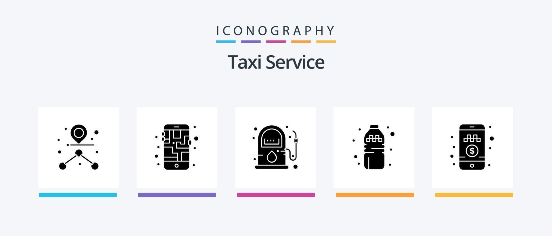 pacote de ícones de glyph 5 de serviço de táxi, incluindo passeio. pagar em dinheiro. gás. reserva de táxi on-line. beber. design de ícones criativos vetor