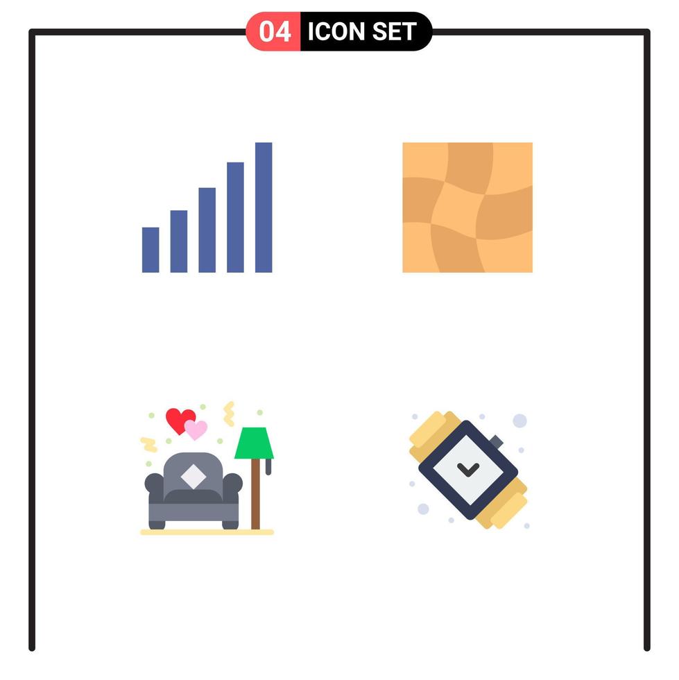 pacote de 4 sinais e símbolos de ícones planos modernos para mídia impressa na web, como conexão, amor, distorção, acessórios de sofá, elementos de design de vetores editáveis
