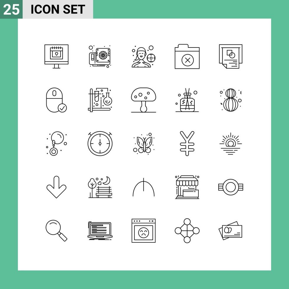 conjunto de 25 sinais de símbolos de ícones de interface do usuário modernos para gráfico de apresentação pasta de jogador feminino excluir elementos de design de vetores editáveis