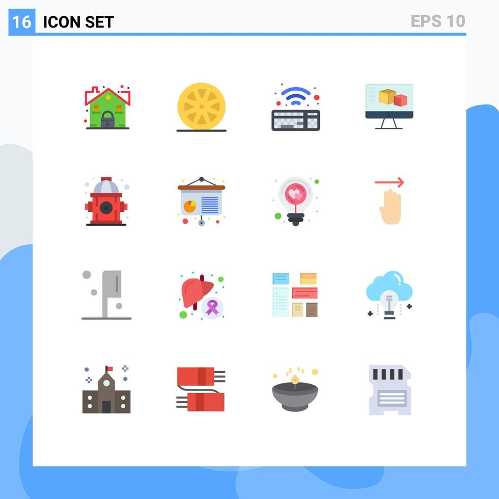 16 cores planas de vetores temáticos e símbolos editáveis de monitor de computação de teclado de fogo de água pacote editável de elementos de design de vetores criativos