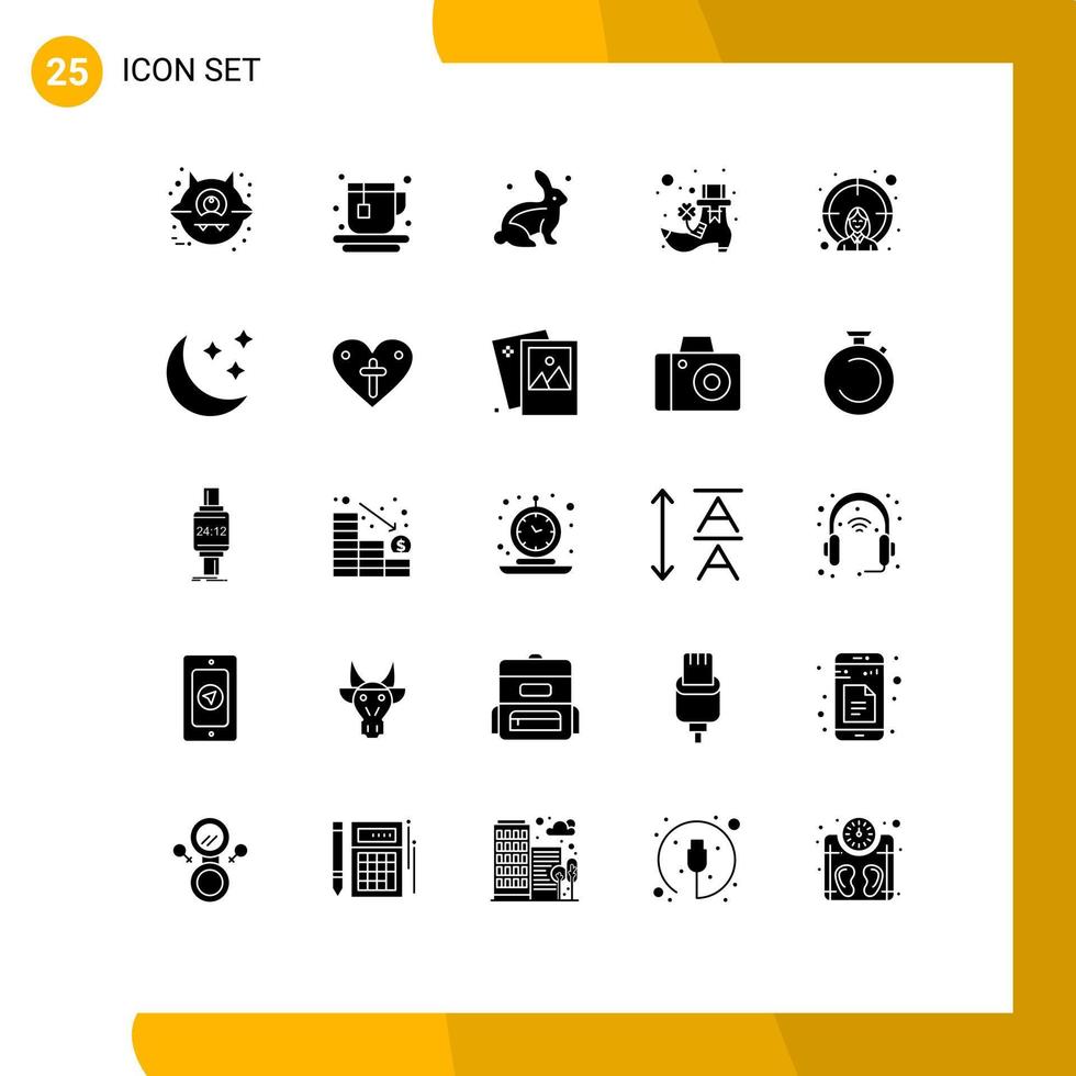 conjunto moderno de pictograma de 25 glifos sólidos de elementos de design de vetores editáveis de duende feminino de páscoa alvo de lua