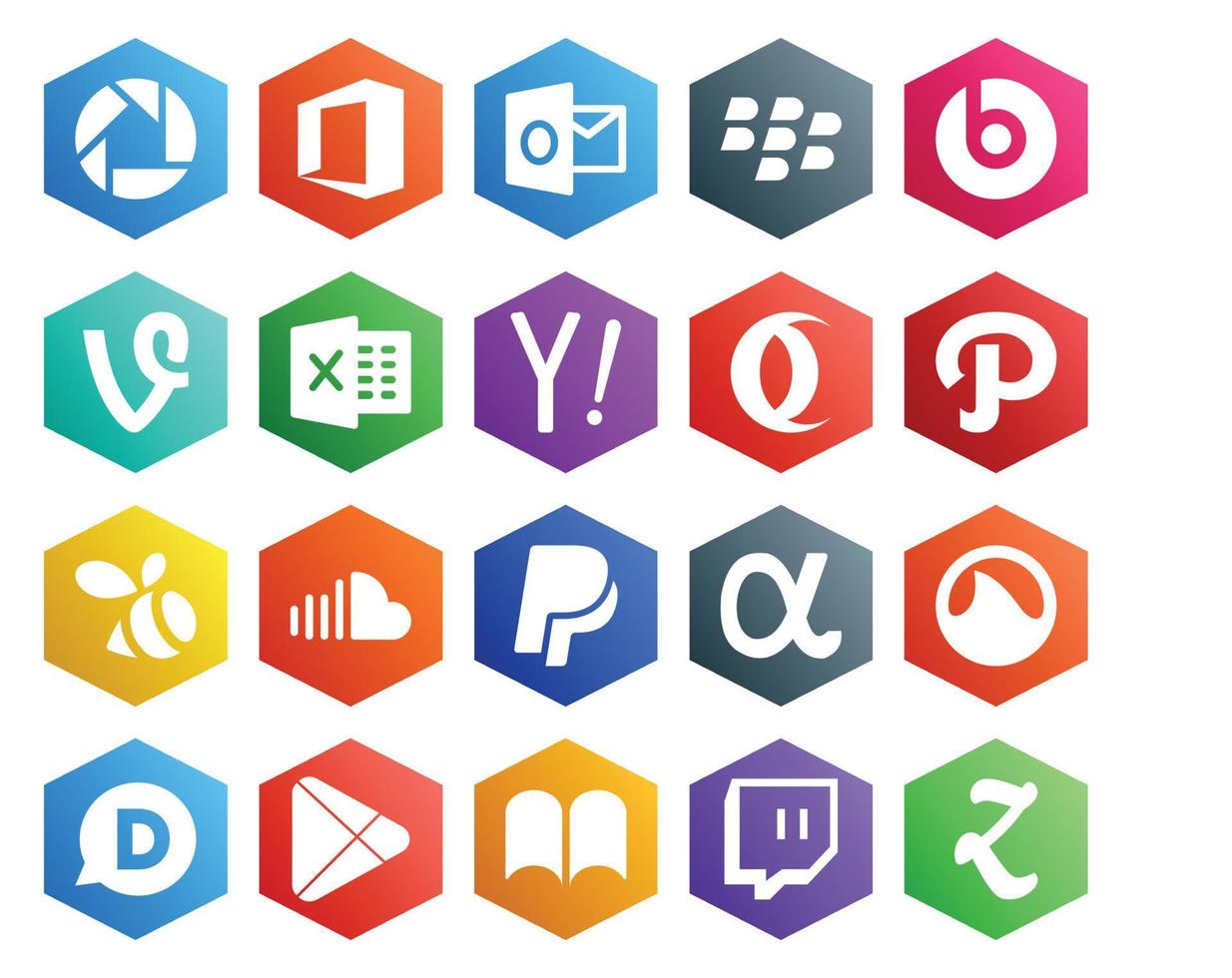 Pacote de 20 ícones de mídia social, incluindo grooveshark paypal search music soundcloud vetor