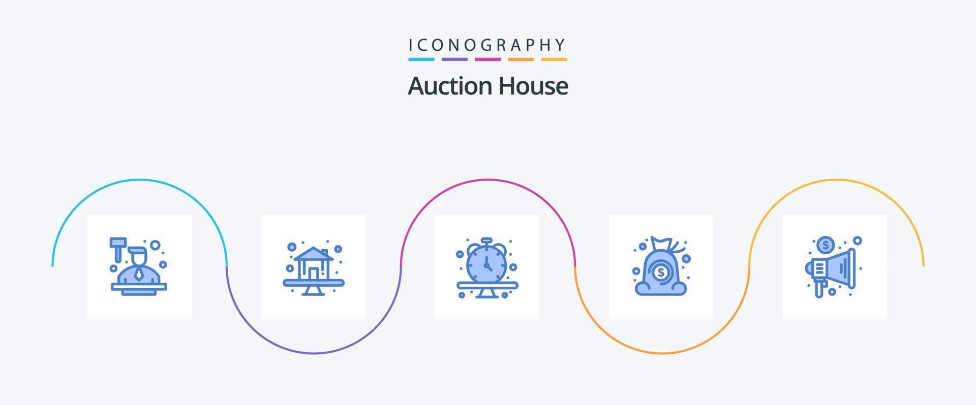 pacote de ícones de leilão azul 5, incluindo marketing. finança. relógio. dinheiro. saco vetor