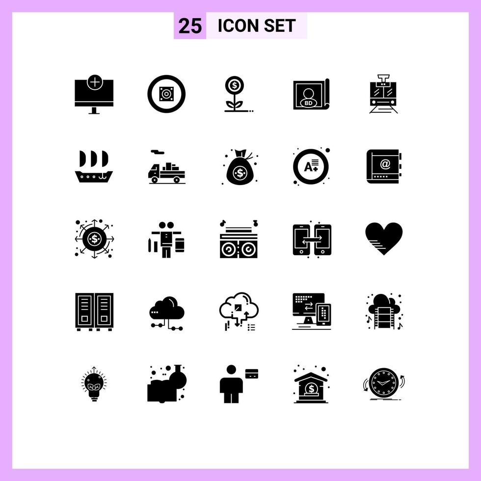 conjunto moderno de pictograma de 25 glifos sólidos de elementos de design de vetores editáveis de som de país internacional