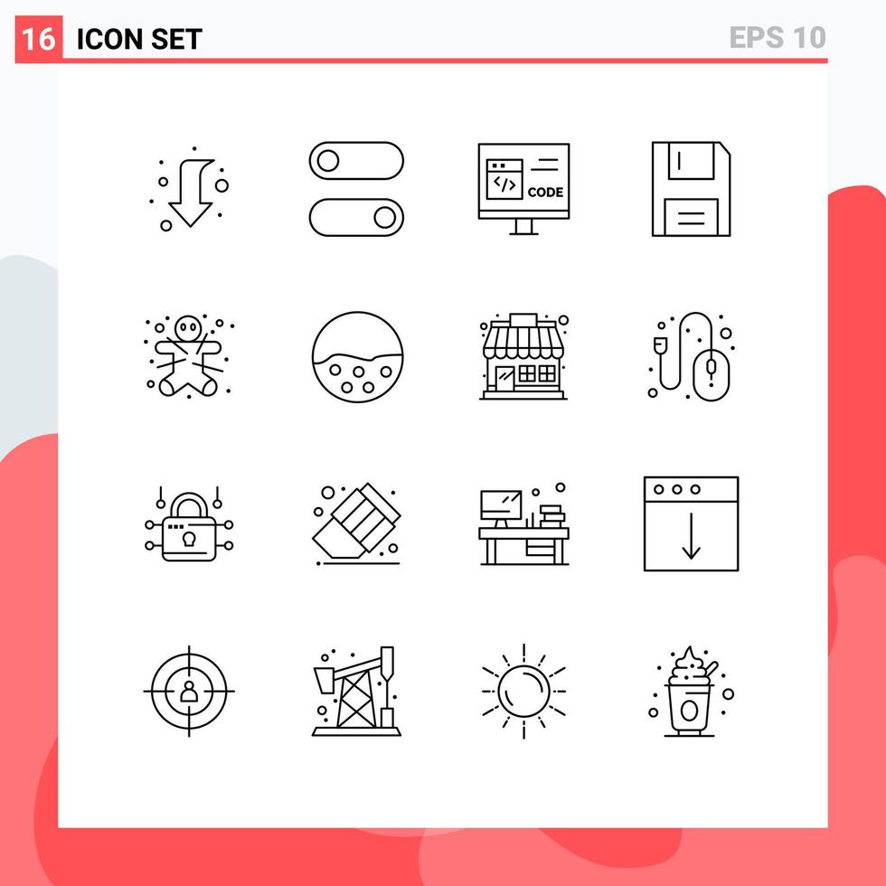 pacote de interface do usuário de 16 contornos básicos de dispositivos eletrônicos de código de disquete de cookies elementos de design de vetores editáveis