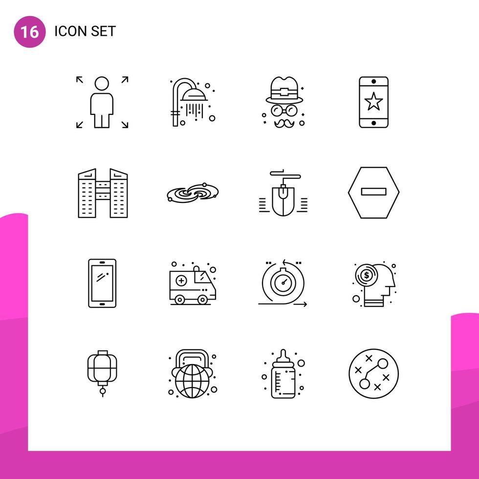 conjunto de 16 sinais de símbolos de ícones de interface do usuário modernos para dispositivos de edifícios do dia da cidade da galáxia editáveis elementos de design vetorial vetor