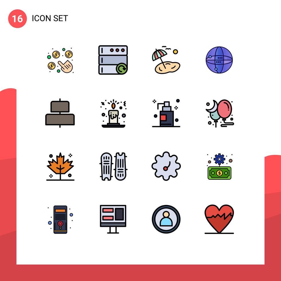 pacote de interface do usuário de 16 linhas básicas de cores planas preenchidas de elementos de design de vetores criativos editáveis na Internet, globo de palma alinhado horizontalmente