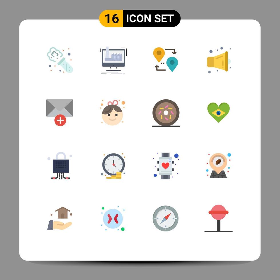 conjunto de cores planas de interface móvel de 16 pictogramas de novo pacote editável de megafone de alto-falante de localização de e-mail de elementos de design de vetores criativos