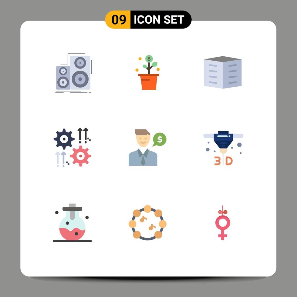grupo de 9 sinais e símbolos de cores planas para blocos de escritórios de configuração de engrenagens, elementos de design de vetores editáveis de construção de cidade
