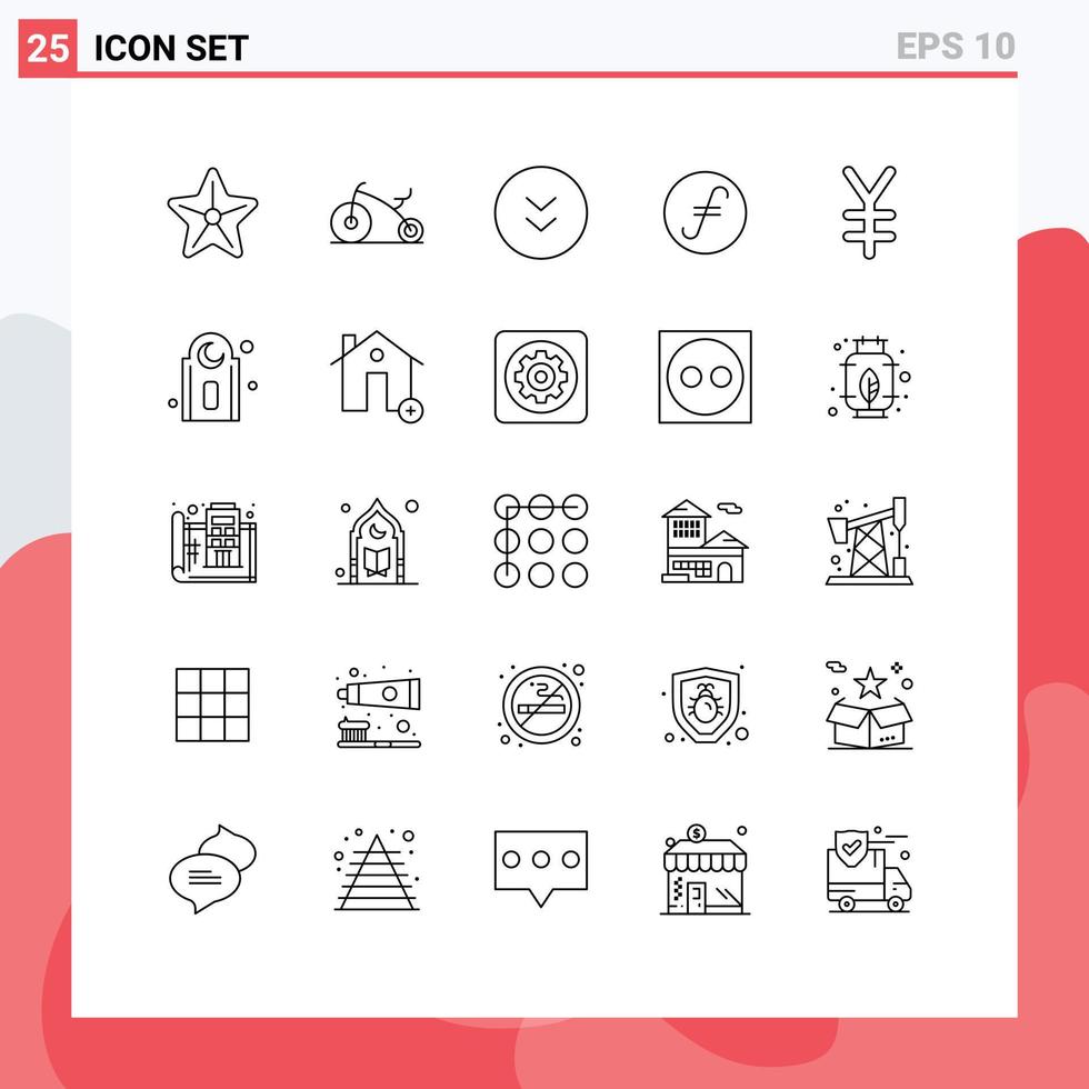 conjunto de linha de interface móvel de 25 pictogramas de elementos de design de vetores editáveis de círculo de moeda de ienes moeda de criptografia