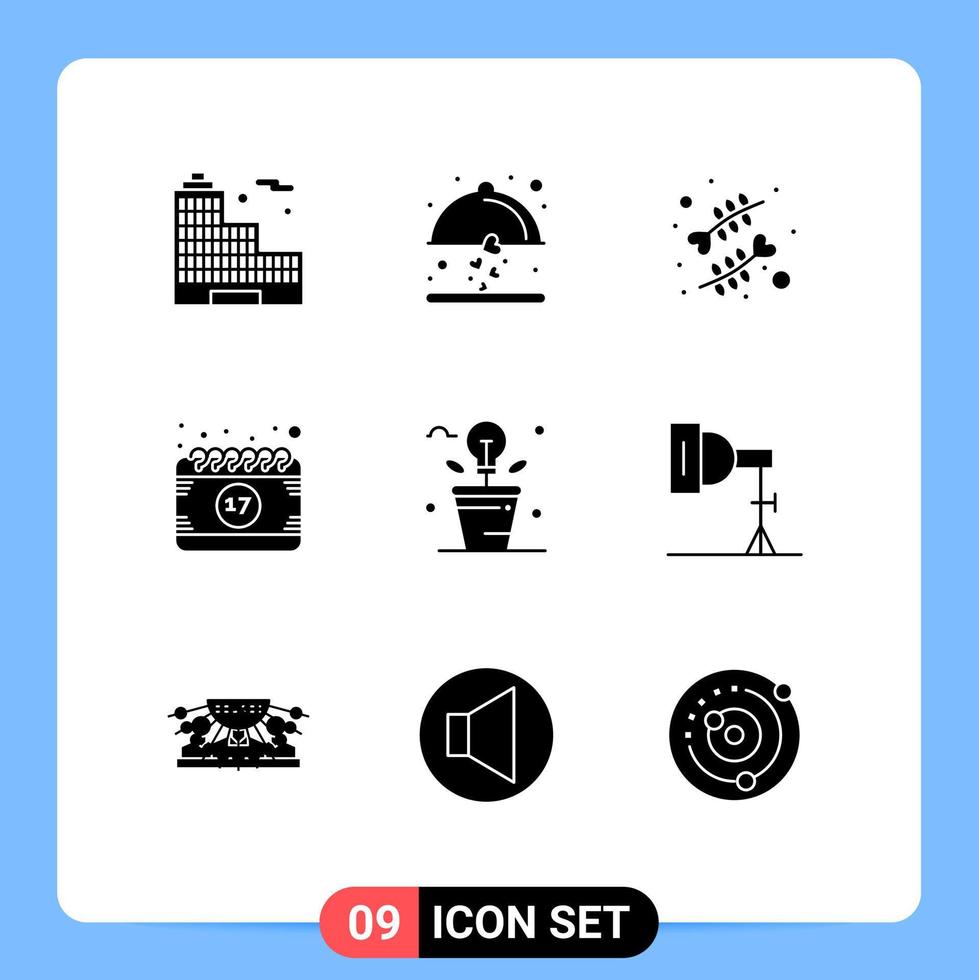 conjunto de pictogramas de 9 glifos sólidos simples de elementos de design de vetores editáveis de data de festival de coração de trevo fresco