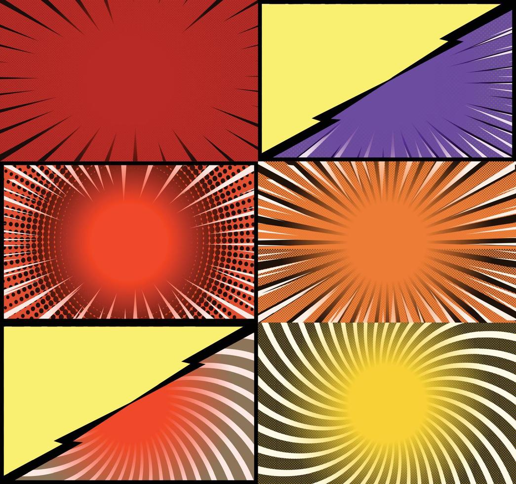 fundo de quadros coloridos de quadrinhos com raios de meio-tom radial e efeitos pontilhados estilo pop art vetor