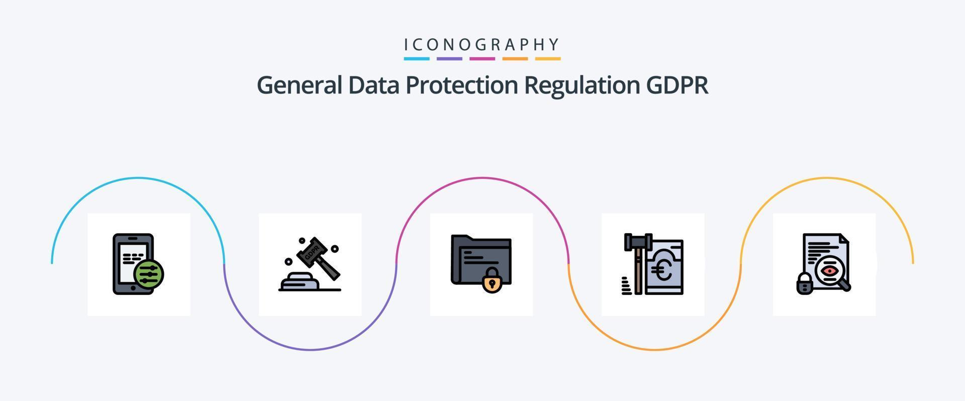 linha gdpr cheia de pacote de ícones plana 5 incluindo arquivo. segurança. documento. euro. pasta segura vetor