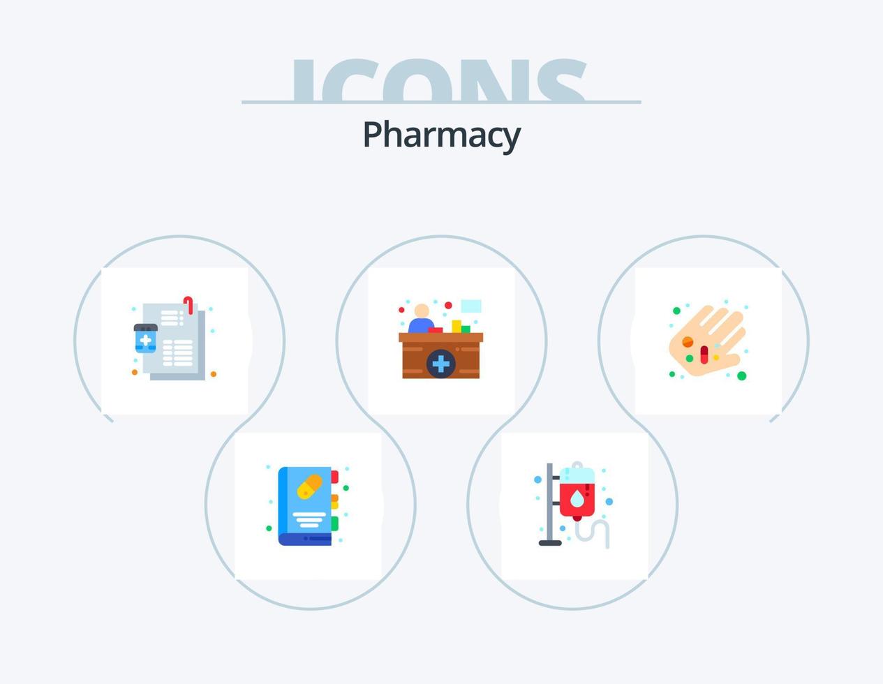 design de ícones do pacote de ícones planos de farmácia 5. medicina. contador de informações. doença. recepção hospitalar. balcão vetor