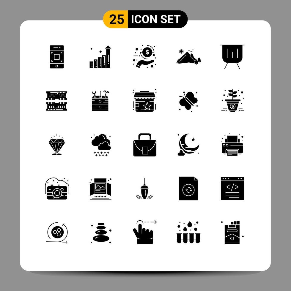 conjunto moderno de 25 glifos e símbolos sólidos, como elementos de design de vetores editáveis de paisagem de mão de finanças