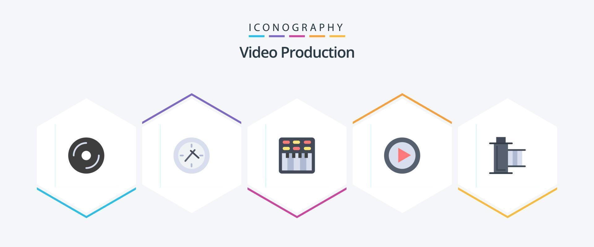 produção de vídeo 25 pacote de ícones planos, incluindo cinema. Toque. cinema. música. ao controle vetor