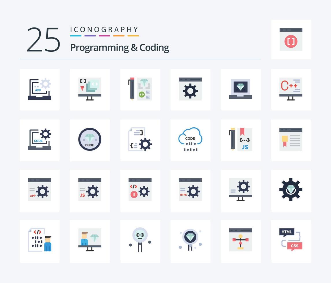 programação e codificação pacote de ícones de 25 cores planas, incluindo desenvolvimento. codificação. planejamento. desenvolvimento vetor