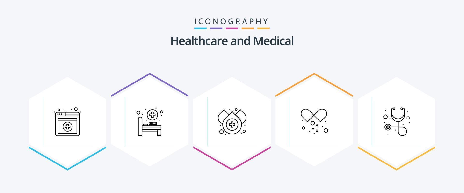 pacote de ícones médicos de 25 linhas, incluindo . estetoscópio. agua. cuidados de saúde. cápsula aberta vetor