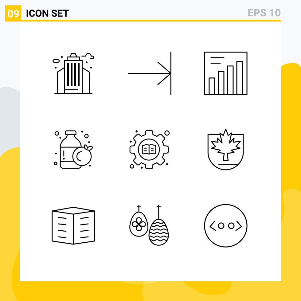 conjunto de pictogramas de 9 contornos simples de elementos de design de vetores editáveis de configuração de gráfico de livro de folha