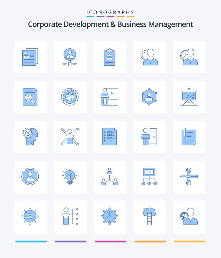 desenvolvimento corporativo criativo e gerenciamento de negócios 25 pacote de ícones azuis, como currículo. aplicativo. contratando. retomar. recurso vetor