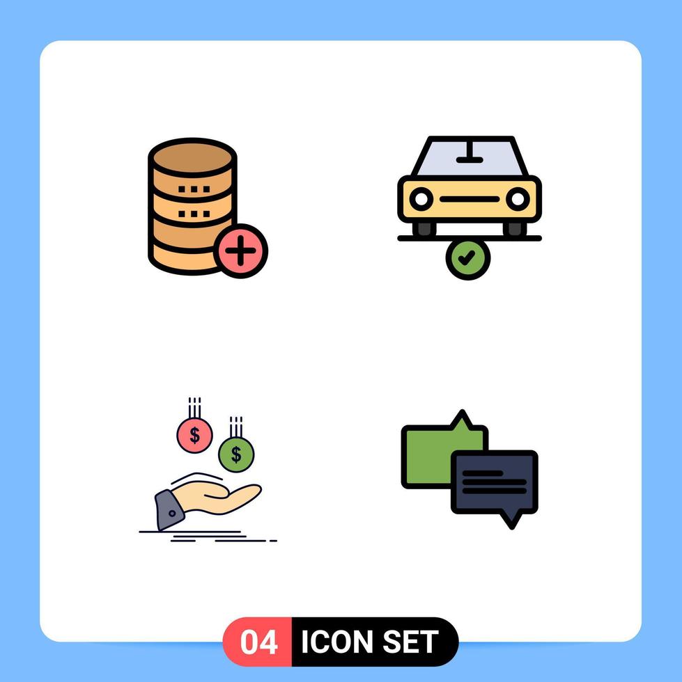 conjunto de cores planas de linha preenchida de interface móvel de 4 pictogramas de banco de dados ok armazenamento verificado mão editável elementos de design vetorial vetor
