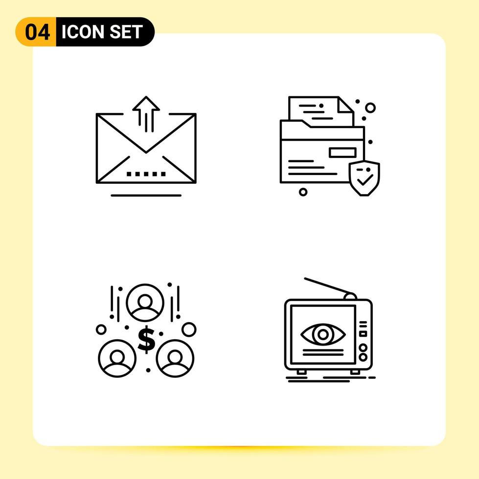 conjunto de 4 sinais de símbolos de ícones de interface do usuário modernos para trabalho de equipe de e-mail, upload de segurança, transmissão de elementos de design de vetores editáveis