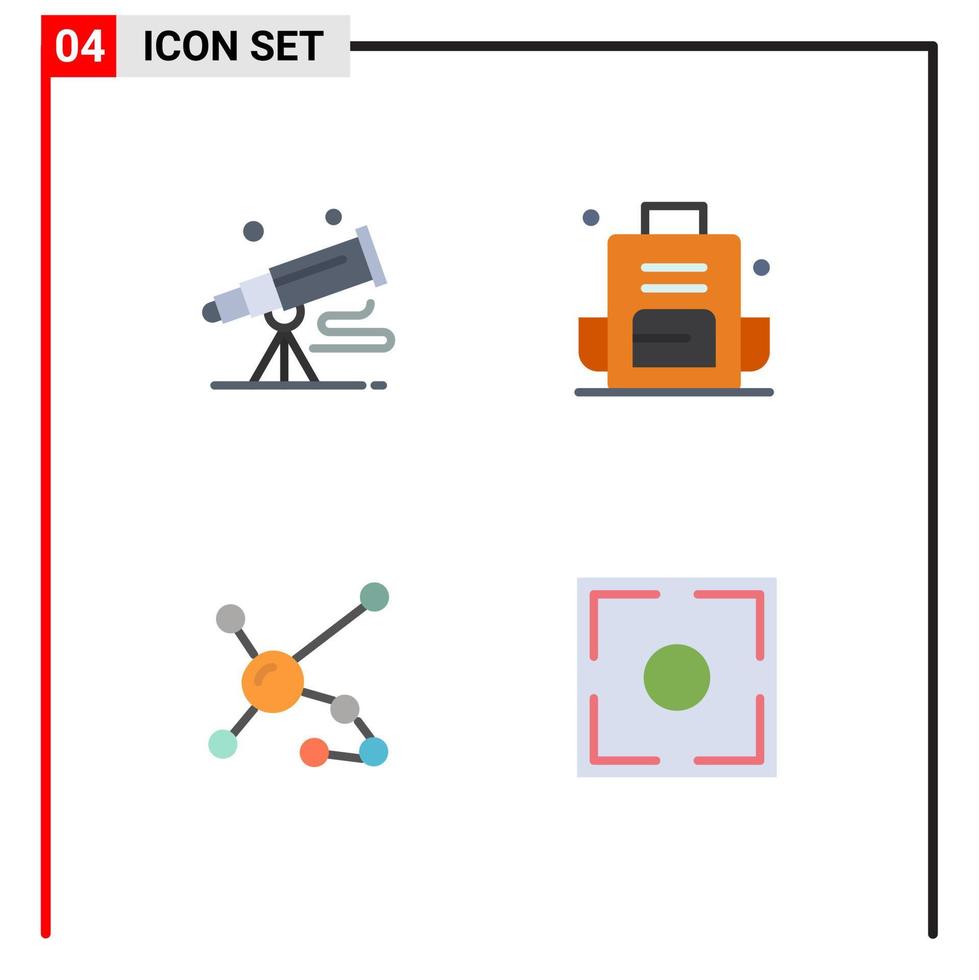 pacote de 4 sinais e símbolos de ícones planos modernos para mídia impressa na web, como binóculos mochila escolar astronomia mochila bioquímica elementos de design vetorial editáveis vetor
