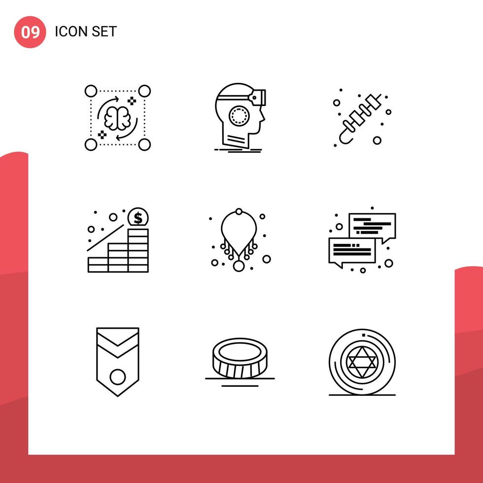 conjunto de 9 sinais de símbolos de ícones de interface do usuário modernos para realidade de crescimento de lucro broche de verão elementos de design de vetores editáveis
