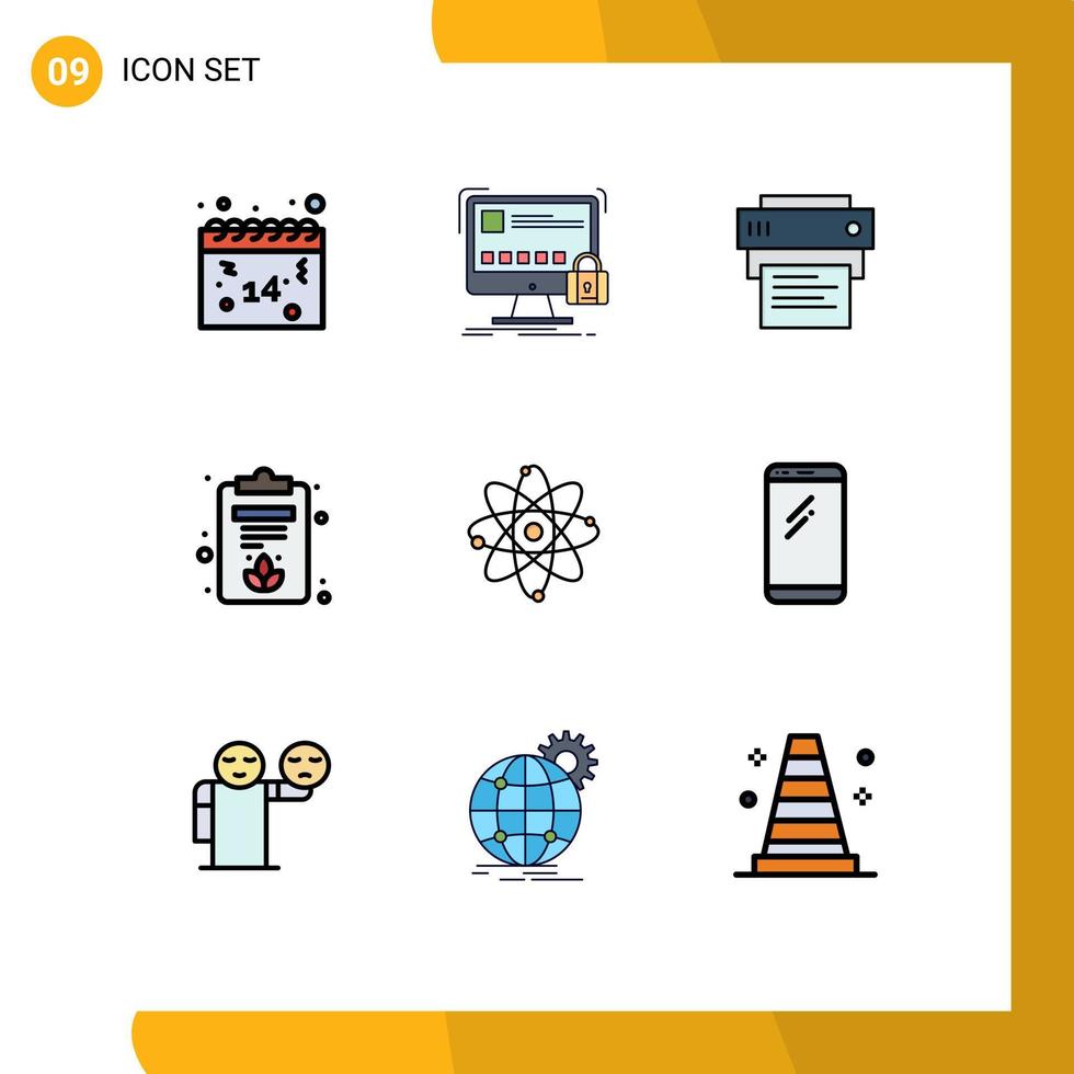 9 interface do usuário pacote de cores planas de linha cheia de sinais e símbolos modernos de elementos de design de vetores editáveis de educação de placa segura de lótus de química