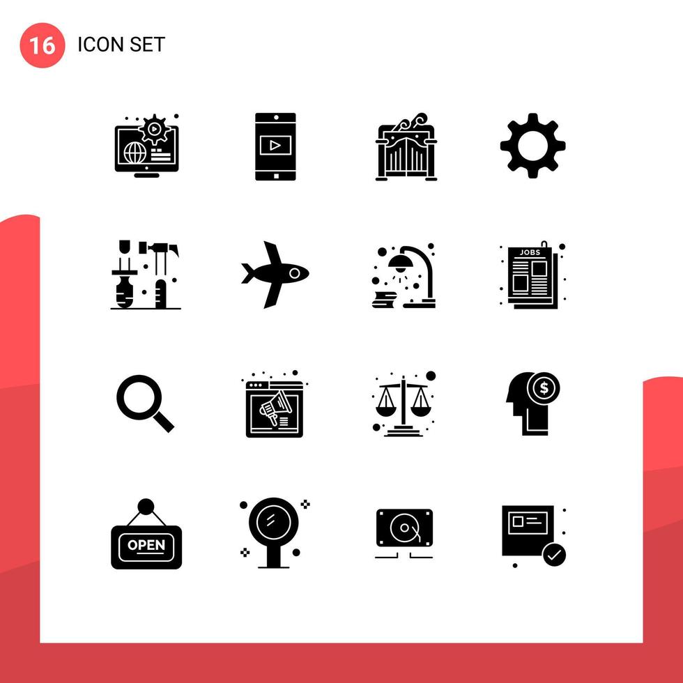 pacote de interface do usuário de 16 glifos sólidos básicos de construção de chave de fenda, engrenagem de vídeo, elementos de design de vetores editáveis