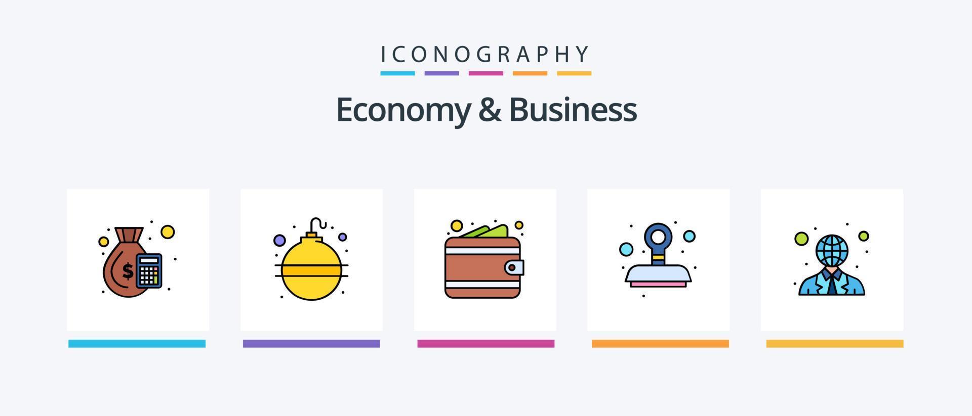 a economia e a linha de negócios preencheram o pacote de 5 ícones, incluindo dinheiro. bancário. rede. desenvolvimento. design de ícones criativos vetor