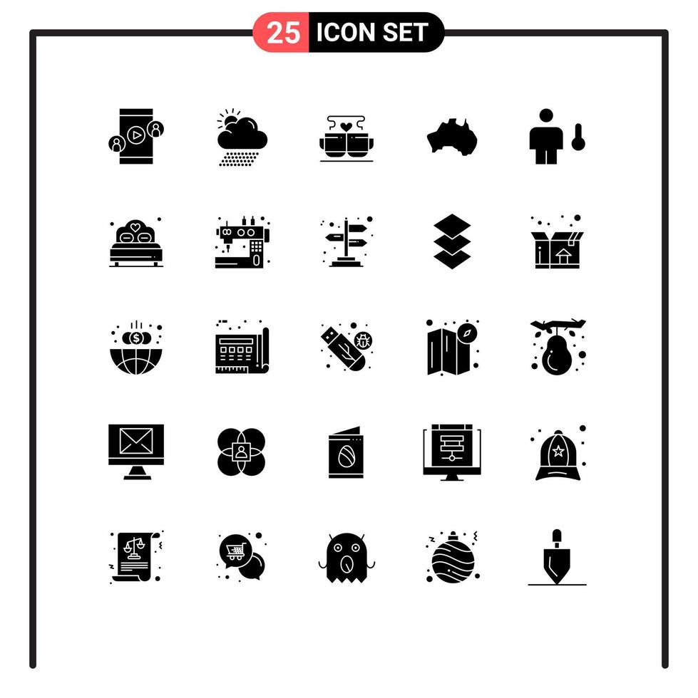 conjunto moderno de pictograma de 25 glifos sólidos de elementos de design de vetores editáveis de copo de localização de viagem país dos namorados
