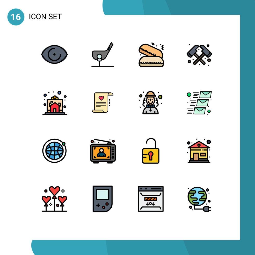 pacote de interface do usuário de 16 linhas básicas cheias de cores planas de celebração feliz tiro bombeiro machado elementos de design de vetores criativos editáveis