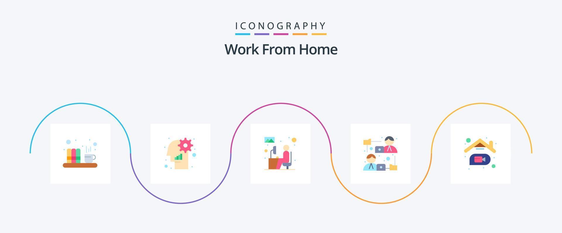 trabalhe em casa flat 5 icon pack incluindo compartilhamento de arquivos. Internet. do utilizador. comunicação. mesa vetor